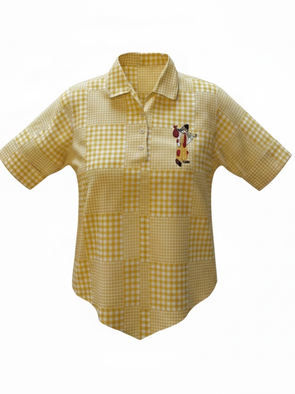 Weird Vintage Yellow Gingham Polo Blouse with Embroidered Hobo Clown Accent